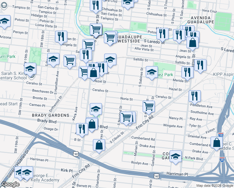map of restaurants, bars, coffee shops, grocery stores, and more near 323 Noria Street in San Antonio