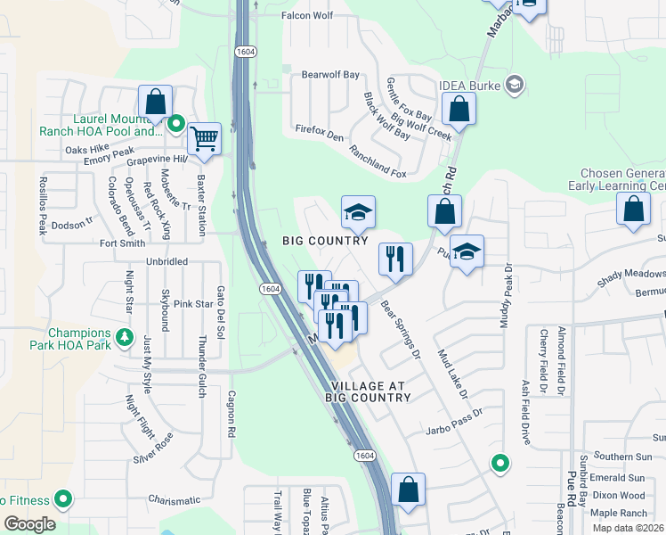 map of restaurants, bars, coffee shops, grocery stores, and more near 11447 Persimmon Gap in San Antonio