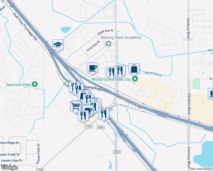 map of restaurants, bars, coffee shops, grocery stores, and more near 5885 Gulf Freeway in Texas City