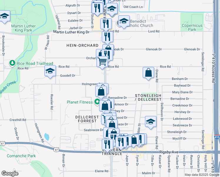 map of restaurants, bars, coffee shops, grocery stores, and more near 1520 South WW White Road in San Antonio