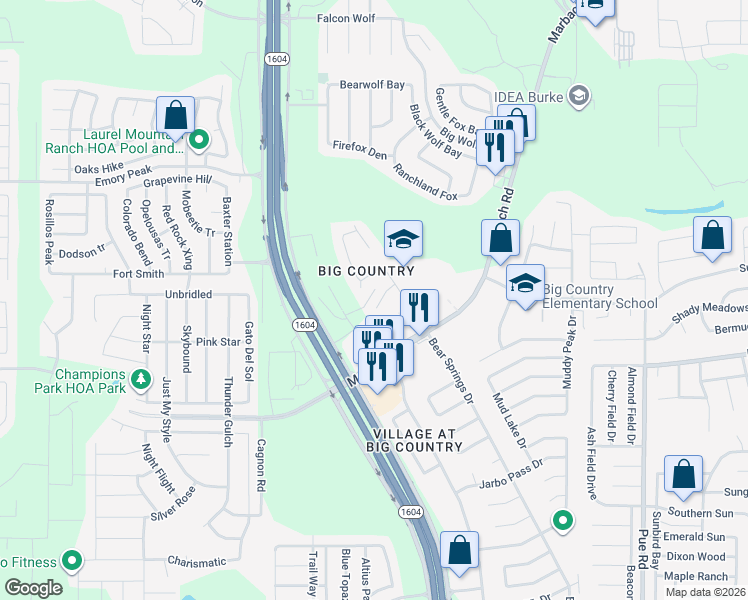 map of restaurants, bars, coffee shops, grocery stores, and more near 11447 Persimmon Gap in San Antonio