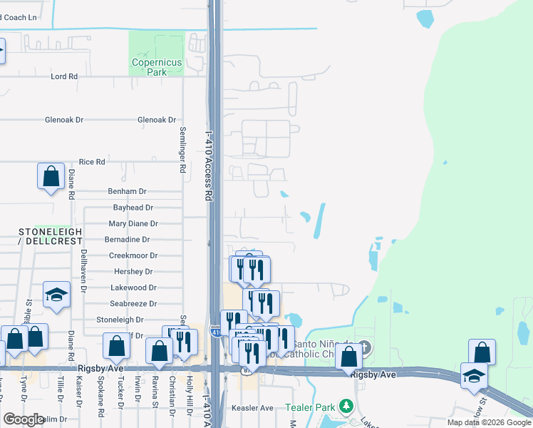 map of restaurants, bars, coffee shops, grocery stores, and more near 5363 Uecker Road in San Antonio