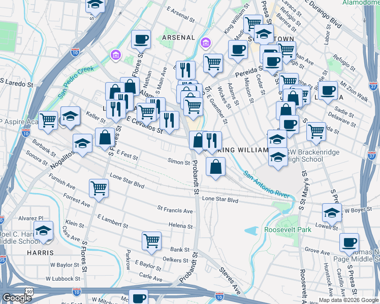 map of restaurants, bars, coffee shops, grocery stores, and more near 430 Clay in San Antonio