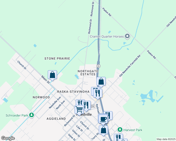 map of restaurants, bars, coffee shops, grocery stores, and more near 8722 Garrett Street in Needville