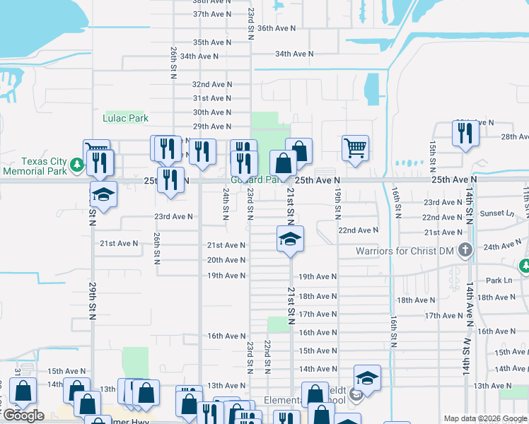 map of restaurants, bars, coffee shops, grocery stores, and more near 2217 23rd Avenue North in Texas City