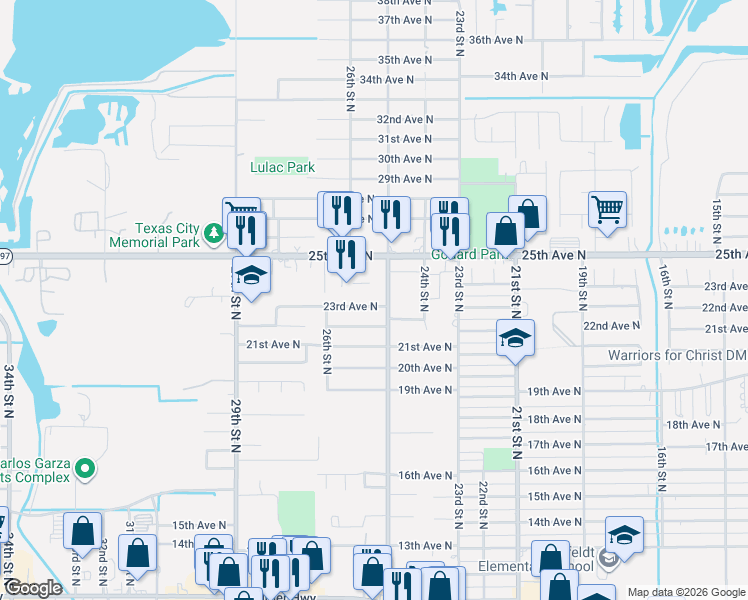 map of restaurants, bars, coffee shops, grocery stores, and more near 2521 23rd Avenue North in Texas City