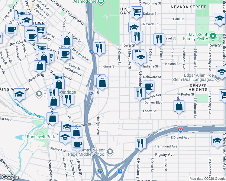 map of restaurants, bars, coffee shops, grocery stores, and more near 118 Mississippi Street in San Antonio