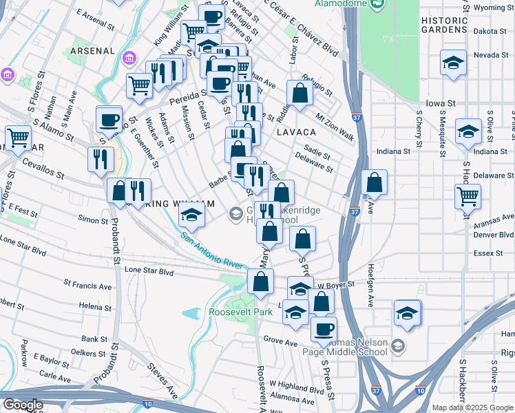 map of restaurants, bars, coffee shops, grocery stores, and more near in San Antonio