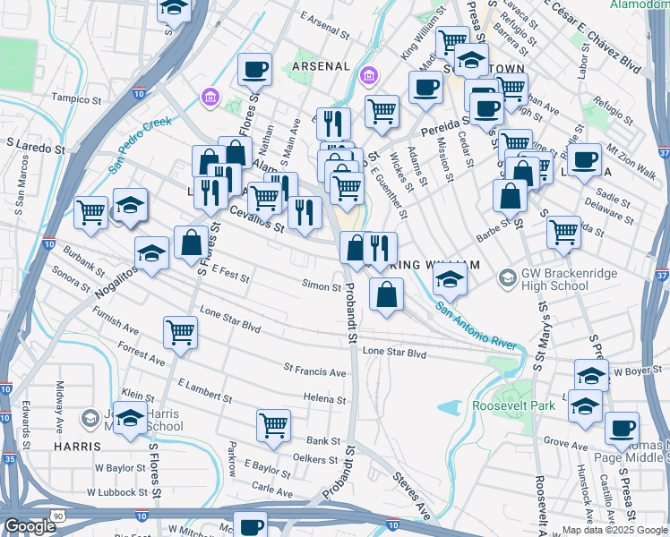 map of restaurants, bars, coffee shops, grocery stores, and more near 430 Clay in San Antonio