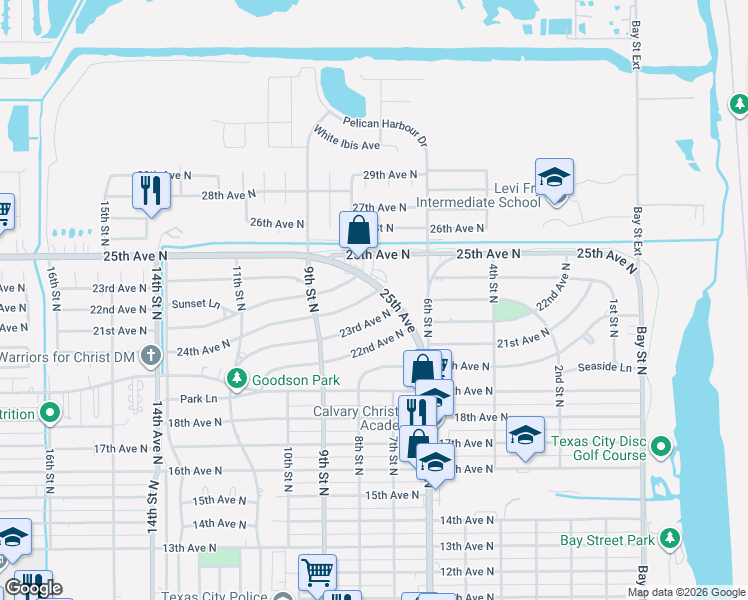 map of restaurants, bars, coffee shops, grocery stores, and more near 622 23rd Avenue North in Texas City