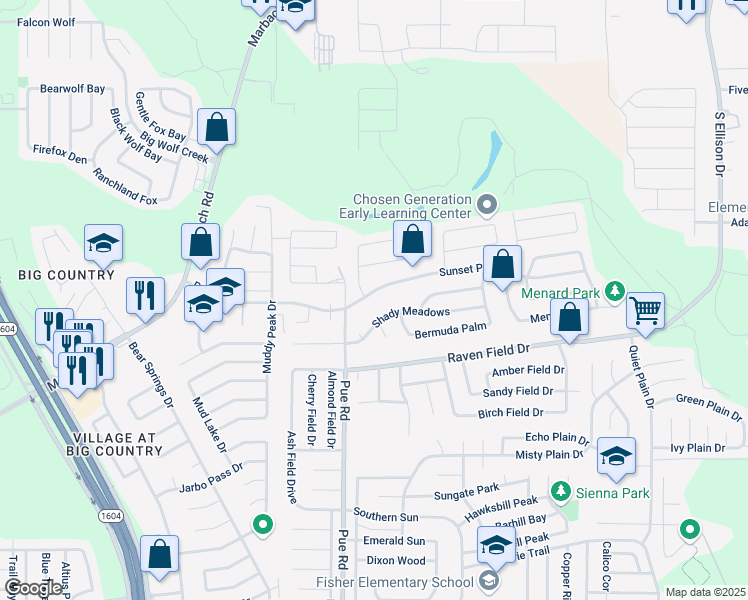 map of restaurants, bars, coffee shops, grocery stores, and more near 10127 Shady Meadows in San Antonio