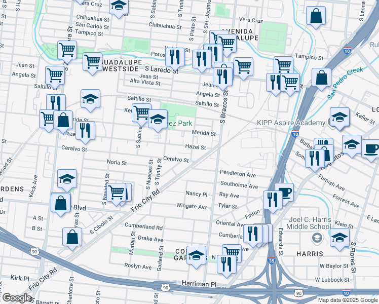 map of restaurants, bars, coffee shops, grocery stores, and more near 2031 South San Jacinto Street in San Antonio