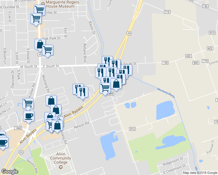 map of restaurants, bars, coffee shops, grocery stores, and more near 2277 Fairway Drive in Alvin