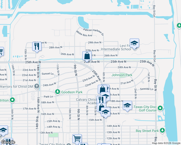 map of restaurants, bars, coffee shops, grocery stores, and more near 622 23rd Avenue North in Texas City