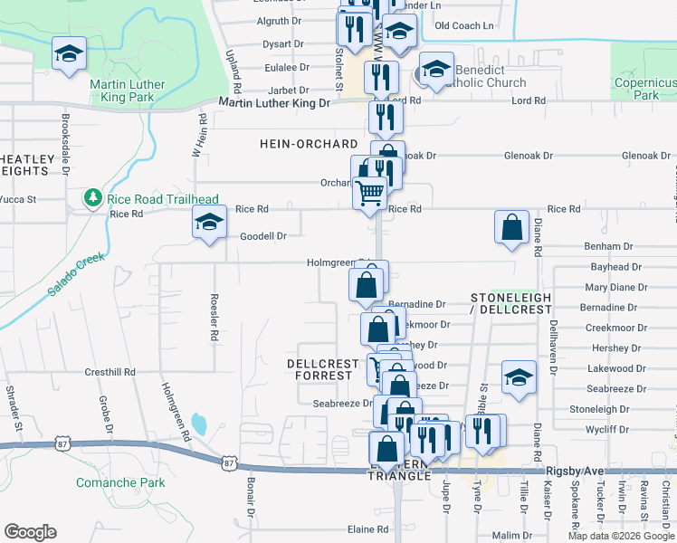 map of restaurants, bars, coffee shops, grocery stores, and more near 726 Holmgreen Road in San Antonio