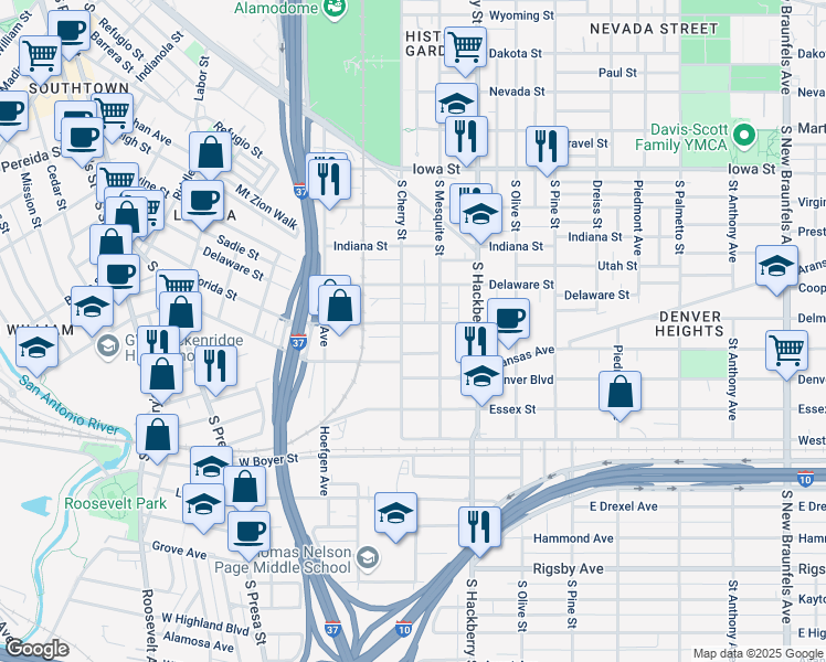 map of restaurants, bars, coffee shops, grocery stores, and more near 118 Mississippi Street in San Antonio