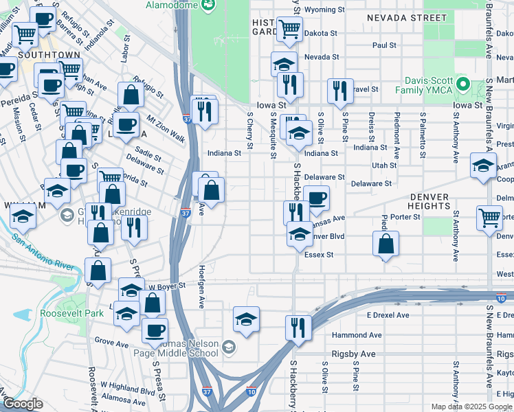 map of restaurants, bars, coffee shops, grocery stores, and more near 118 Mississippi Street in San Antonio