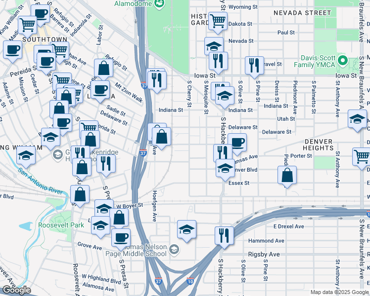 map of restaurants, bars, coffee shops, grocery stores, and more near 118 Mississippi Street in San Antonio