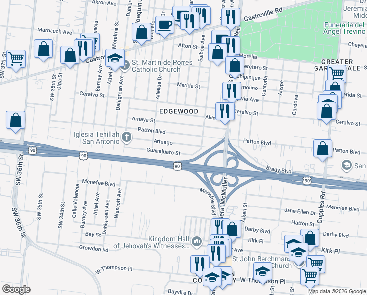 map of restaurants, bars, coffee shops, grocery stores, and more near 224 Guanajuato Street in San Antonio