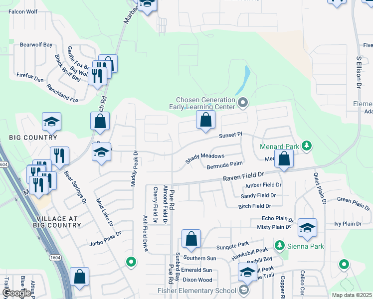 map of restaurants, bars, coffee shops, grocery stores, and more near 10127 Shady Meadows in San Antonio