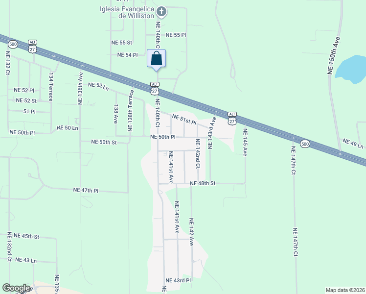 map of restaurants, bars, coffee shops, grocery stores, and more near 14190 Northeast 49th Lane in Williston