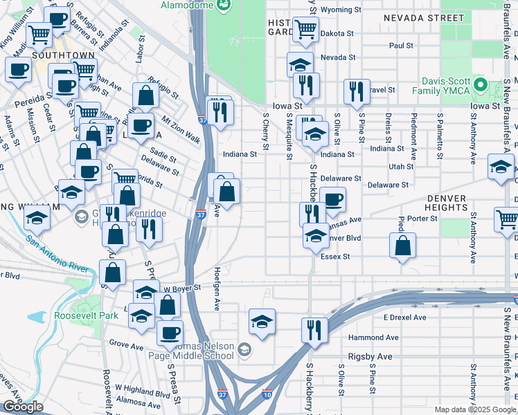 map of restaurants, bars, coffee shops, grocery stores, and more near 118 Mississippi Street in San Antonio