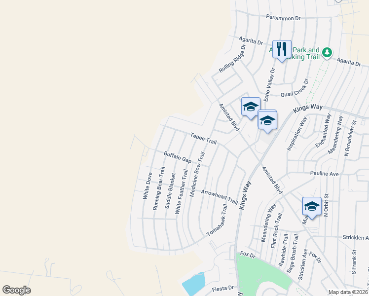 map of restaurants, bars, coffee shops, grocery stores, and more near 108-110 White Feather Trail in Del Rio