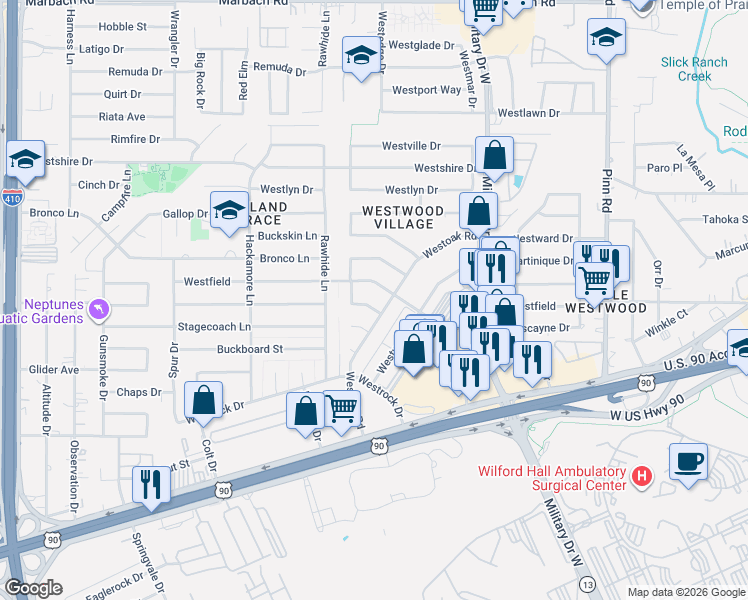 map of restaurants, bars, coffee shops, grocery stores, and more near 102 Westlake Drive in San Antonio