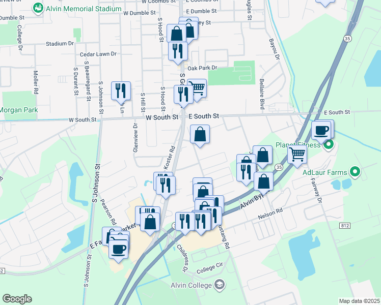 map of restaurants, bars, coffee shops, grocery stores, and more near 125 Cedar Lane in Alvin