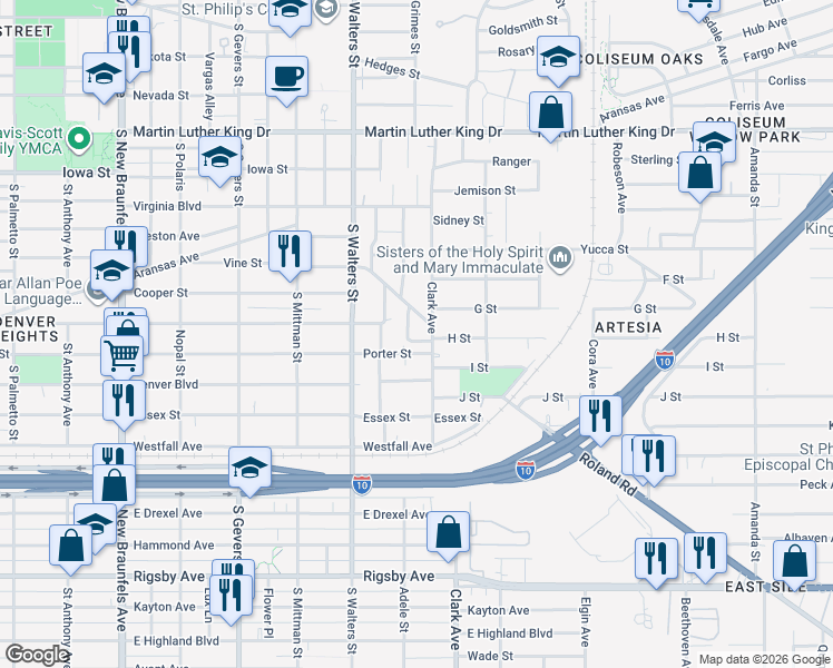 map of restaurants, bars, coffee shops, grocery stores, and more near 811 Clark Avenue in San Antonio