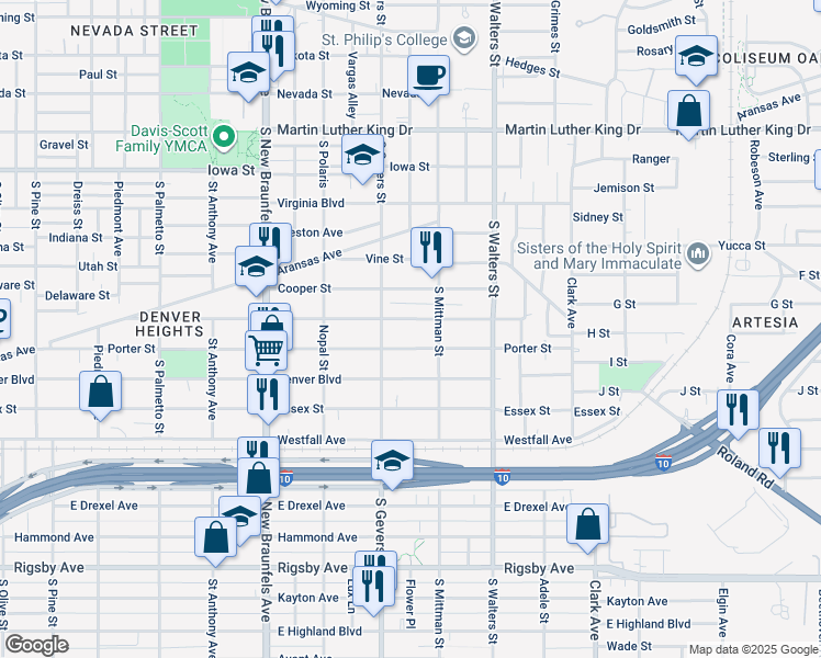 map of restaurants, bars, coffee shops, grocery stores, and more near 727 Porter Street in San Antonio