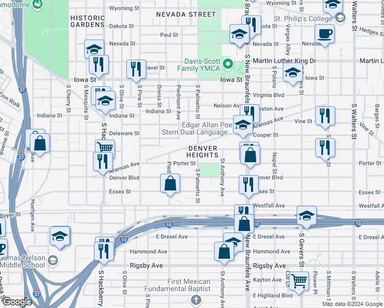 map of restaurants, bars, coffee shops, grocery stores, and more near 249 Porter Street in San Antonio