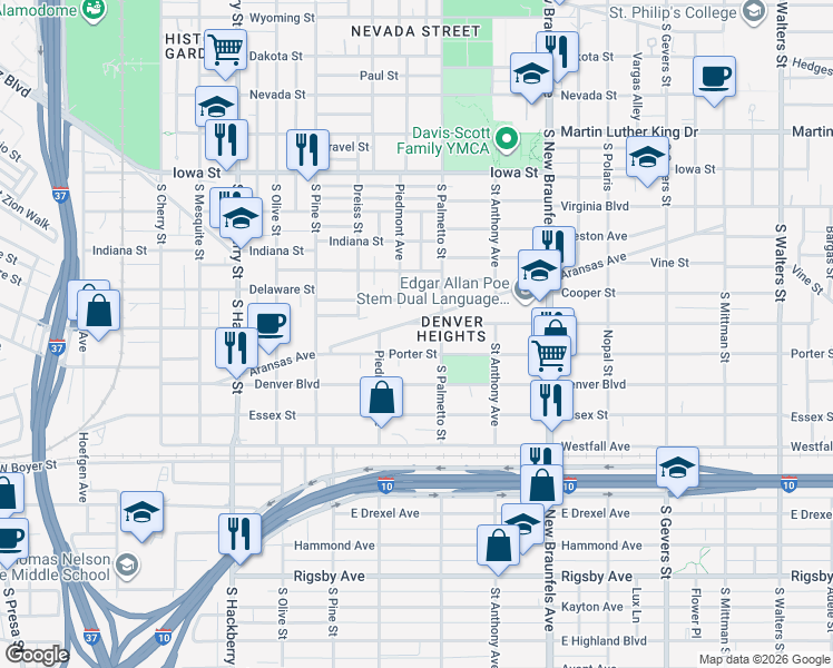 map of restaurants, bars, coffee shops, grocery stores, and more near 249 Porter Street in San Antonio