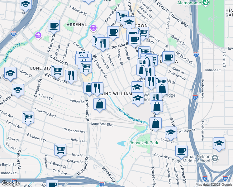 map of restaurants, bars, coffee shops, grocery stores, and more near in San Antonio
