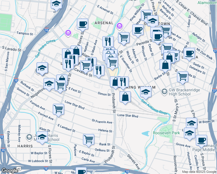 map of restaurants, bars, coffee shops, grocery stores, and more near 430 Clay in San Antonio