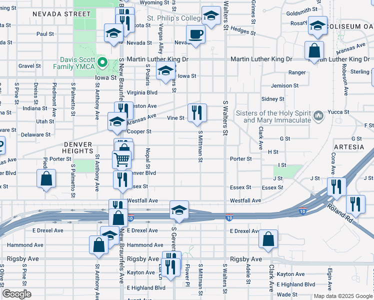 map of restaurants, bars, coffee shops, grocery stores, and more near 727 Porter Street in San Antonio