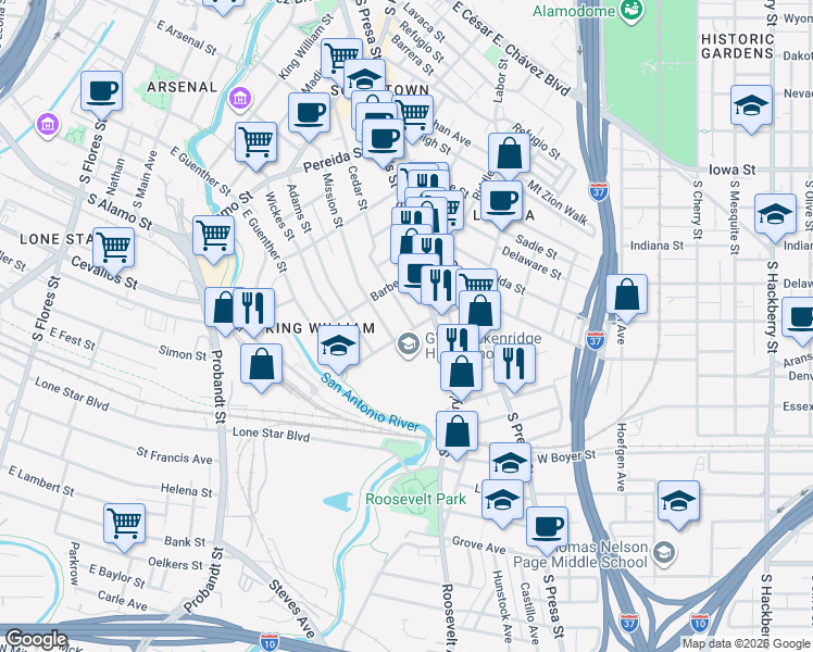 map of restaurants, bars, coffee shops, grocery stores, and more near in San Antonio
