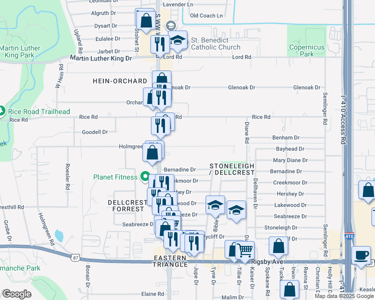 map of restaurants, bars, coffee shops, grocery stores, and more near 870 Holmgreen Road in San Antonio