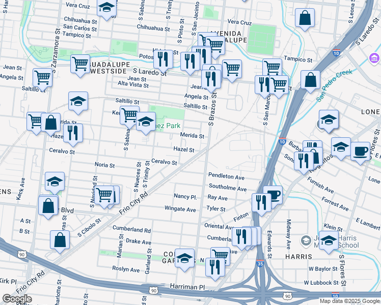 map of restaurants, bars, coffee shops, grocery stores, and more near 716 Ceralvo Street in San Antonio