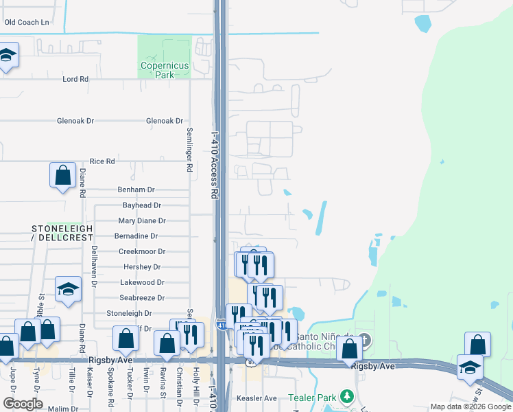 map of restaurants, bars, coffee shops, grocery stores, and more near 5363 Uecker Road in San Antonio