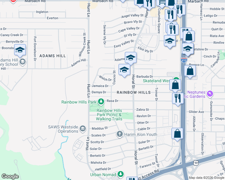 map of restaurants, bars, coffee shops, grocery stores, and more near 450 Demya Drive in San Antonio