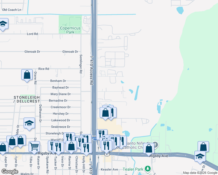 map of restaurants, bars, coffee shops, grocery stores, and more near 5363 Uecker Road in San Antonio