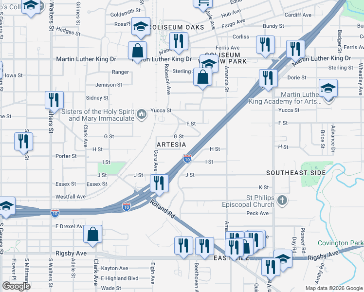 map of restaurants, bars, coffee shops, grocery stores, and more near 506 H Street in San Antonio