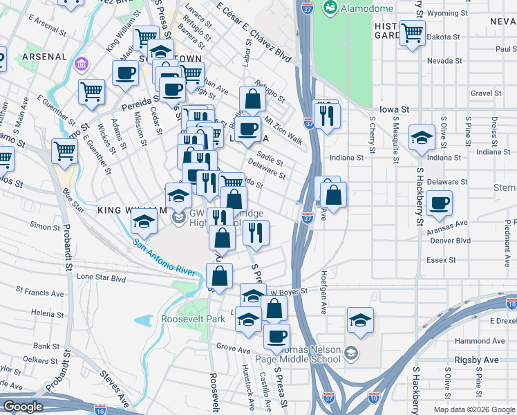 map of restaurants, bars, coffee shops, grocery stores, and more near 110 Kearney Street in San Antonio