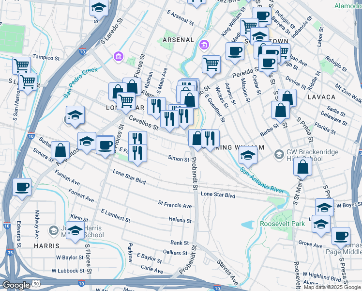 map of restaurants, bars, coffee shops, grocery stores, and more near 430 Clay in San Antonio