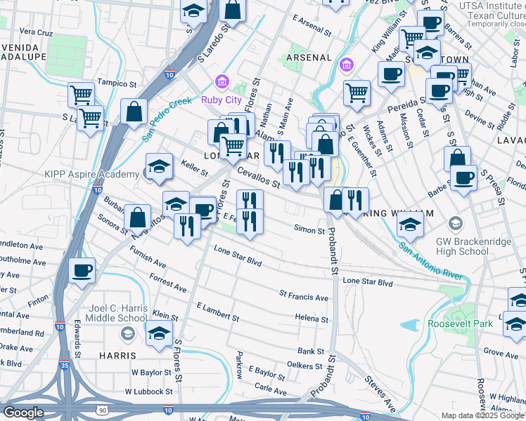 map of restaurants, bars, coffee shops, grocery stores, and more near 214 Simon Street in San Antonio