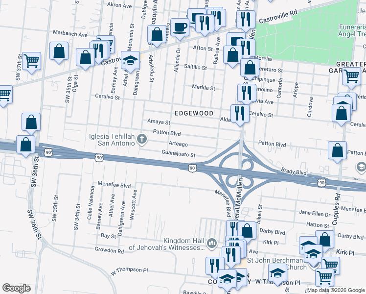 map of restaurants, bars, coffee shops, grocery stores, and more near 310 Guanajuato Street in San Antonio