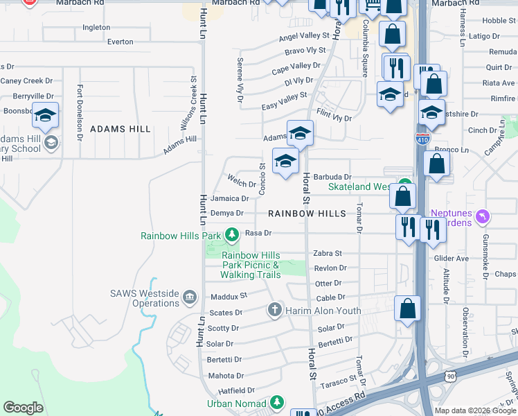 map of restaurants, bars, coffee shops, grocery stores, and more near 450 Demya Drive in San Antonio