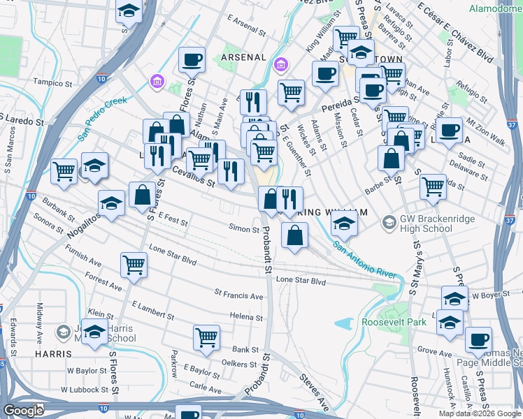 map of restaurants, bars, coffee shops, grocery stores, and more near 498 Clay in San Antonio