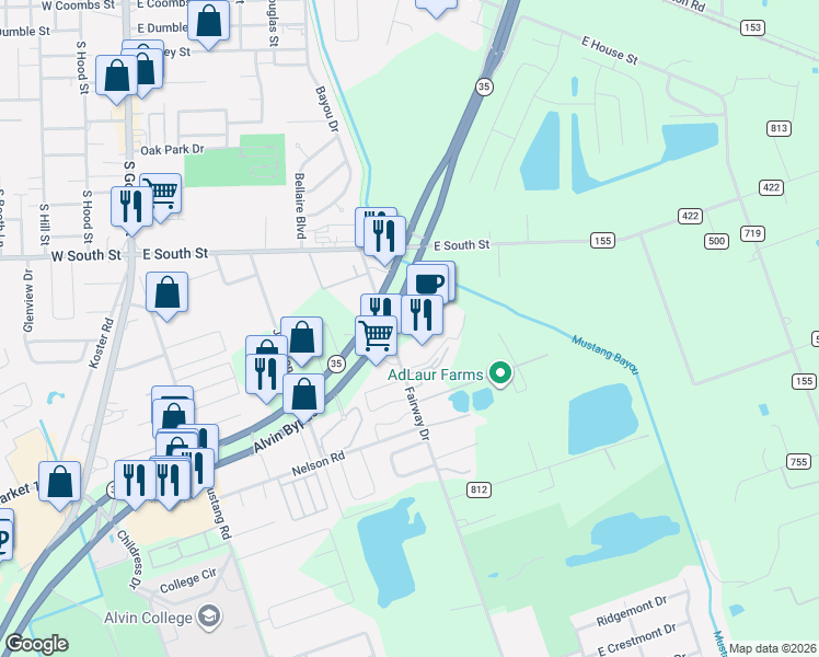 map of restaurants, bars, coffee shops, grocery stores, and more near 2420 County Road 369 in Alvin